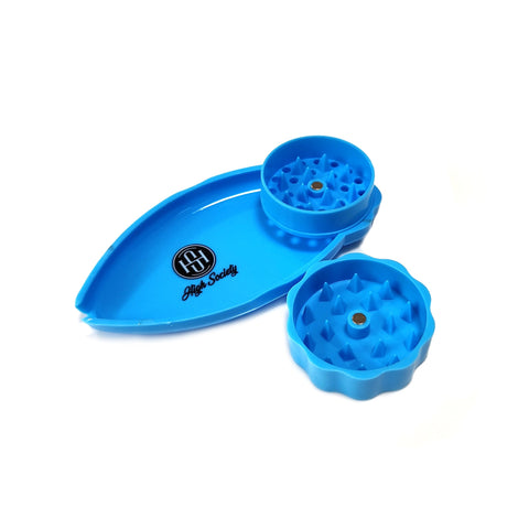 High Society | Mini Rolling Tray Grinder Combo - Neon Blue